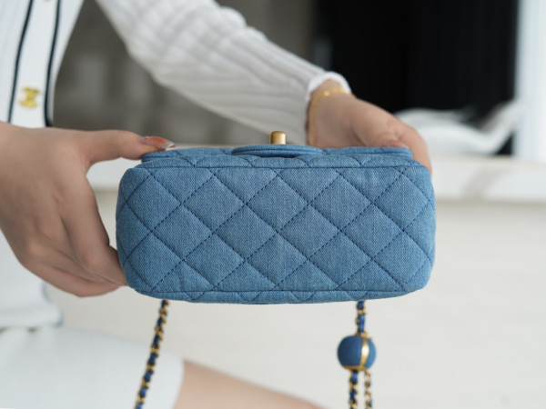 CL Denim Quilted Mini Pearl Crush Flap Blue