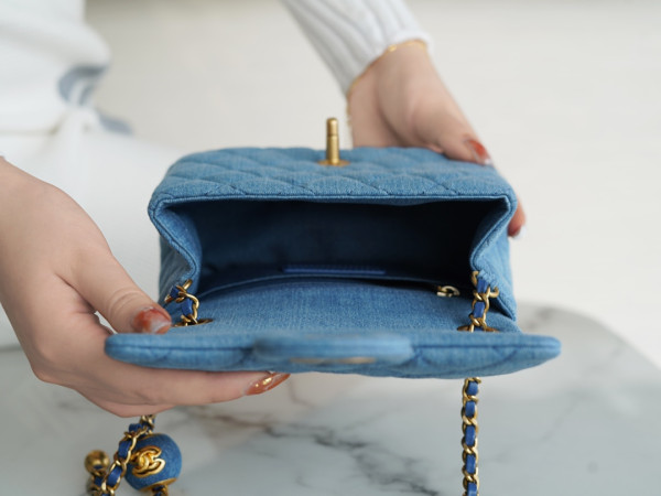 CL Denim Quilted Mini Pearl Crush Flap Blue